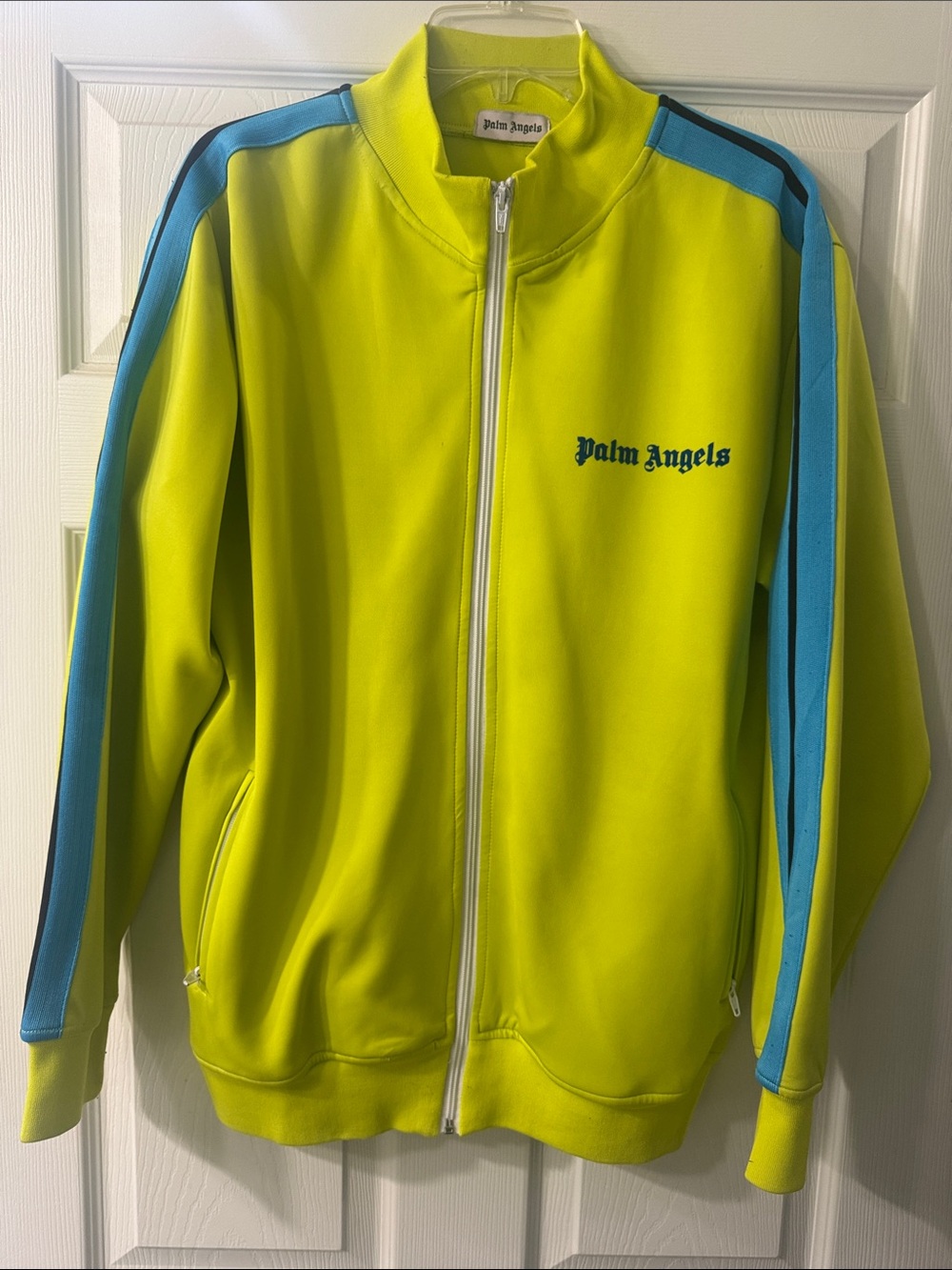 Palm Angels Neon Yellow Track Jacket with Blue Stripes